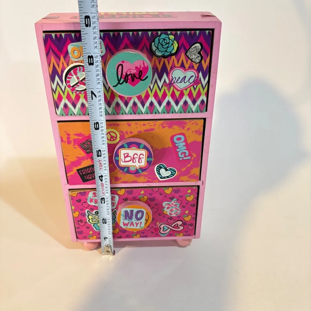 Pink Wooden Mini 3 Drawer Jewelry Box Trinket Chest Hand Decorated Sticker Art